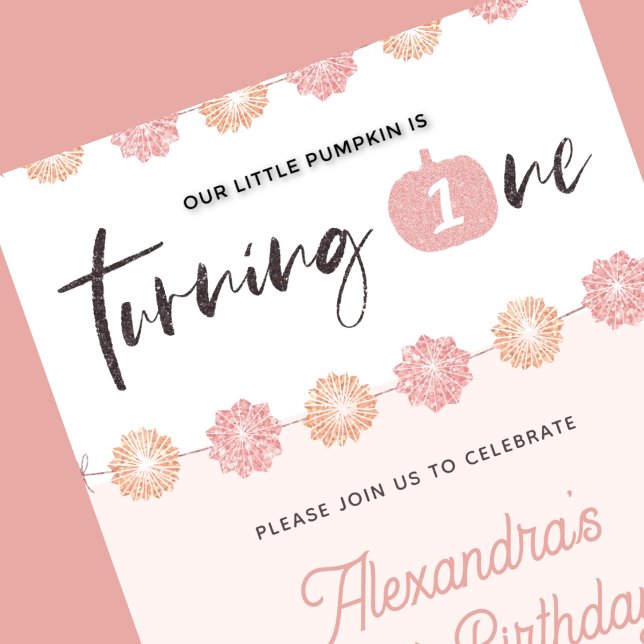 Convite Primeiro aniversario de Halloween Floral Rosa (Halloween-1st-birthday-Invitation-Pumpkin-Girl-Pink-Floral-1)
