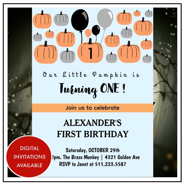 Convite Primeiro aniversario de Halloween, outubro, para c (halloween-1st-birthday-invitations-autumn-pumpkins-1)
