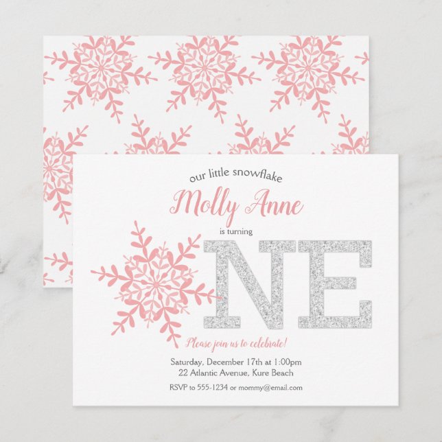 Convite Primeiro aniversario de inverno com Floco de neve  (Frente/Verso)