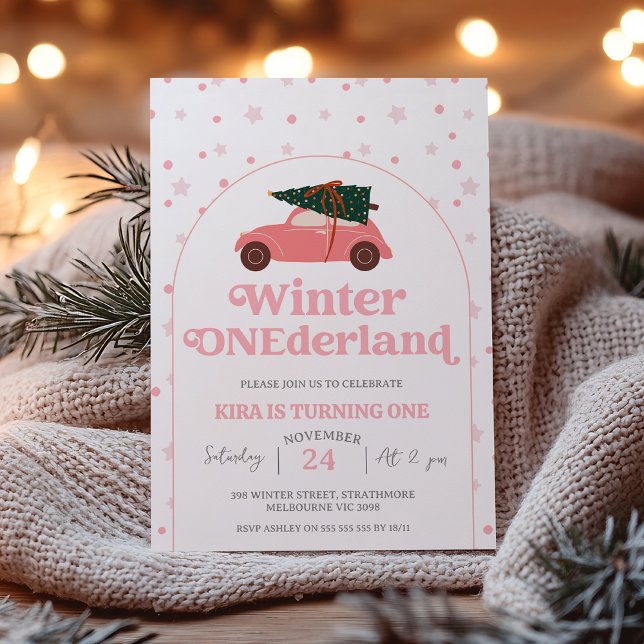 Convite Primeiro aniversario de inverno na Holanda do Pink (Girls Winter Onederland 1st Birthday Invitation, Christmas Tree Car, Pink Modern Winter Onederland )