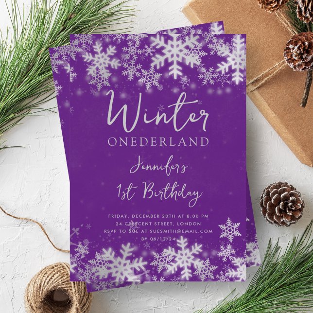 Convite Primeiro aniversario de inverno ONEDERLAND de Prat (Silver Purple Winter ONEDERLAND 1st Birthday Invitation)