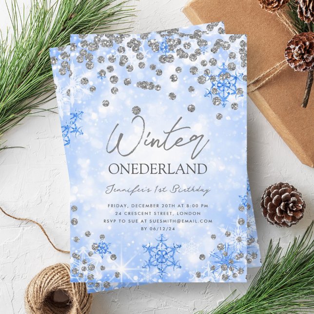 Convite Primeiro aniversario de inverno ONEDERLAND de Prat (Festive Silver Blue Winter ONEDERLAND 1st Birthday Invitation)