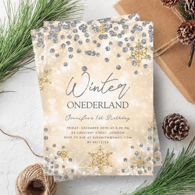 Convite Primeiro aniversario de inverno ONEDERLAND, Dourad (Festive Gold Silver Winter ONEDERLAND 1st Birthday Invitation)