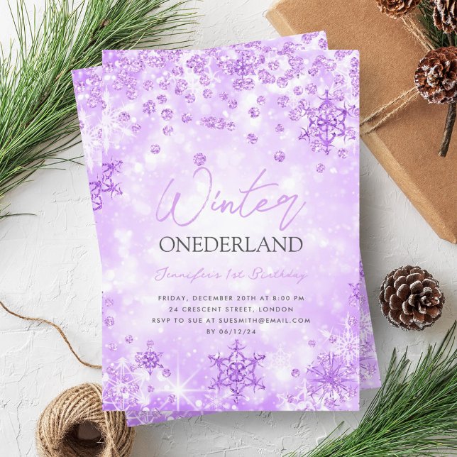 Convite Primeiro aniversario de inverno ONEDERLAND Festivo (Festive Purple Winter ONEDERLAND 1st Birthday Invitation)