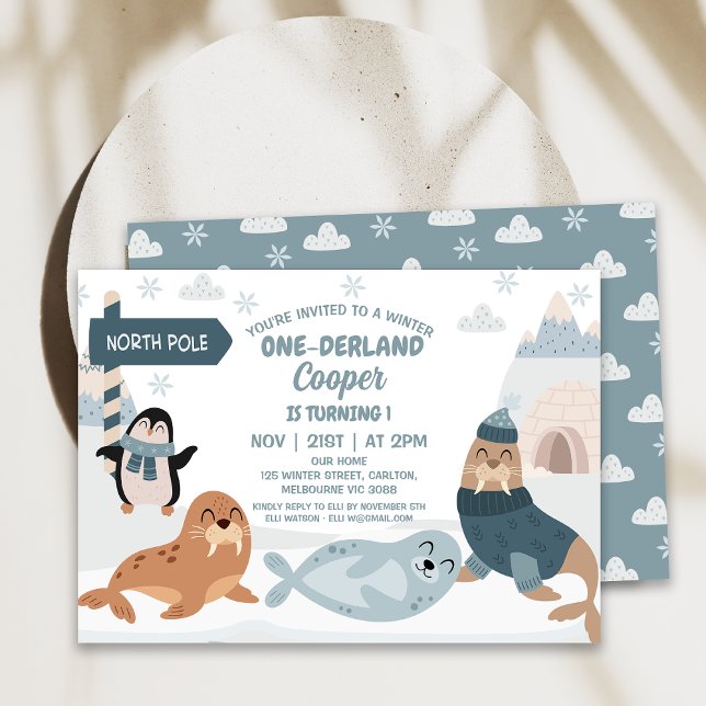 Convite Primeiro aniversario de inverno Onederland no Árti (Modern Arctic Animals Winter Onederland Birthday Invitation, Winter 1st Birthday Invitation Boy)
