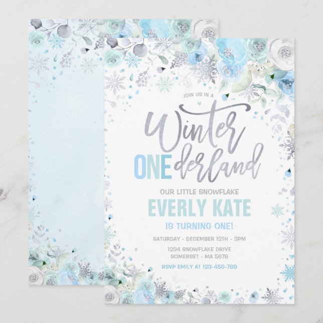 Convite primeiro aniversario de inverno ONEderland Silver  (Frente/Verso)