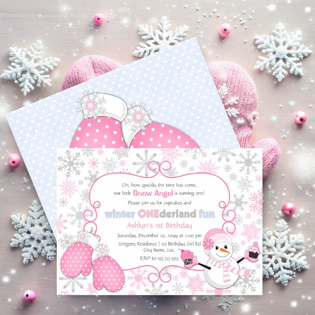 Convite Primeiro aniversario de inverno único personalizad (Winter one-derland first birthday invitation front and back view.)