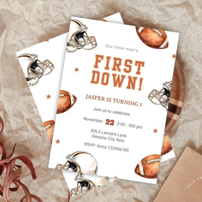 Convite Primeiro aniversario De Jovens Cute De Futebol (First Down Birthday Evite, Editable Football Invitation, 1st Birthday Digital Invite, Instant Downlo)