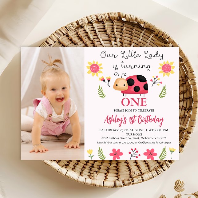 Convite Primeiro aniversario de Ladybug Preto Vermelho (Girls Ladybug Themed 1st Birthday Invitation Template With Photo, Cute Ladybug Birthday Invitation)