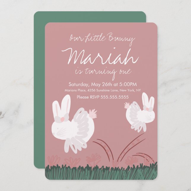 Convite Primeiro aniversario de Mão Bonito de Coelhinho De (Frente/Verso)