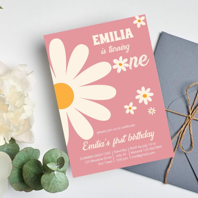 Convite Primeiro aniversario de margarida do deserto retrô (Groovy retro daisy first birthday party template invitation instant download dusty desert pink)