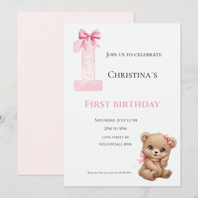 Convite Primeiro aniversário de menina (Frente/Verso)