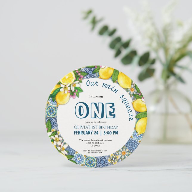 Convite Primeiro aniversario de menina do tema Citrus (Em pé/Frente)