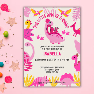 Convite Primeiro aniversario De Meninas Dinossauras Rosa E