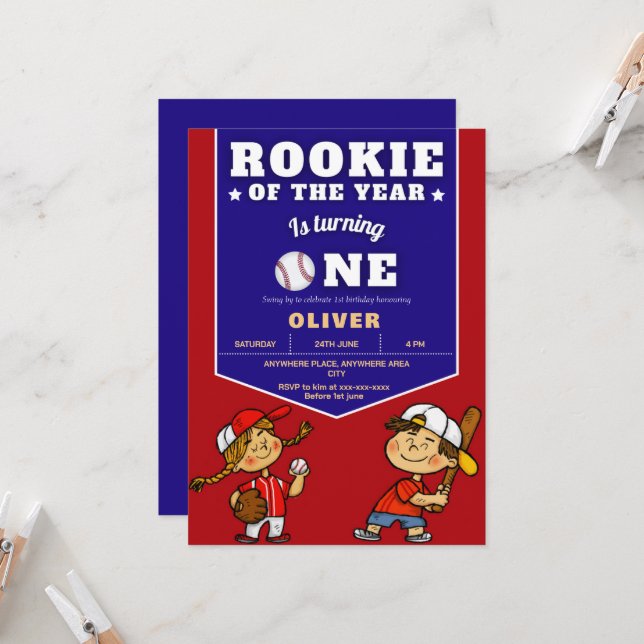 Convite primeiro aniversario de menino tema de beisebol (Frente/Verso In Situ)