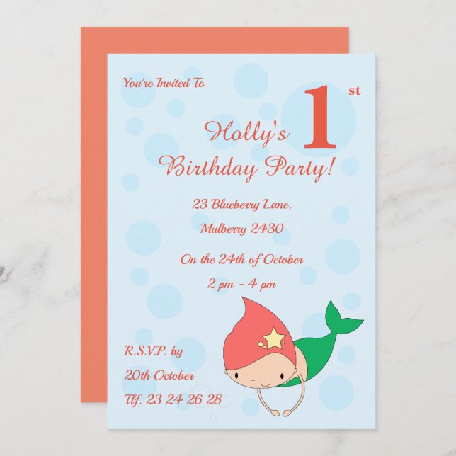 Convite primeiro aniversario de Mermaid Girls de Algodão D (Frente/Verso)