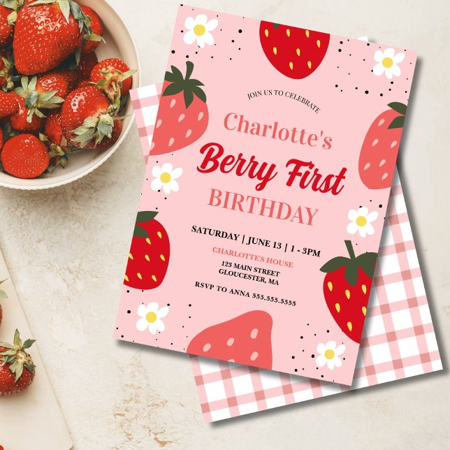 Convite Primeiro aniversario de morango Berry Primeira Fes (Berry First Birthday Invitation Template)