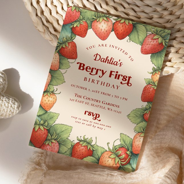 Convite Primeiro aniversario de morango Berry Primeiro Ani (Strawberry 1st Birthday Berry First Birthday Invitation)