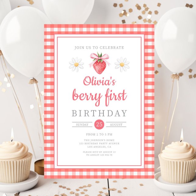 Convite Primeiro aniversario de morango Berry Primeiro Ani (Strawberry 1st Birthday Berry First Birthday Invitation)