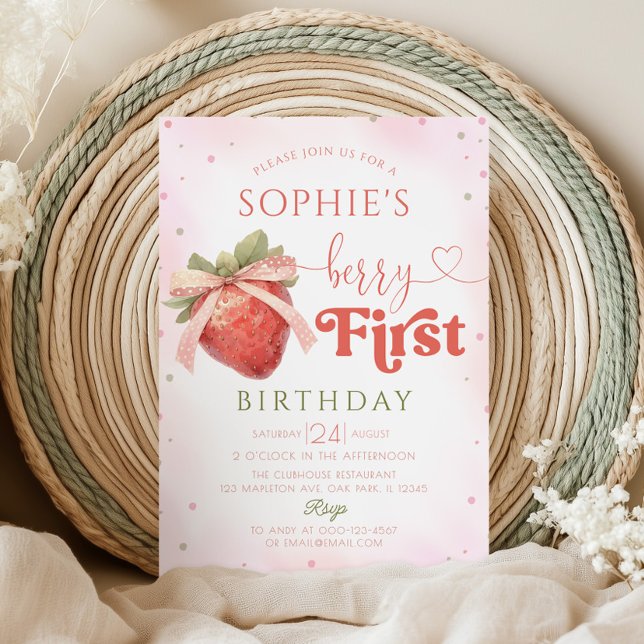 Convite Primeiro aniversario de morango Berry Primeiro Ani (Criador carregado)