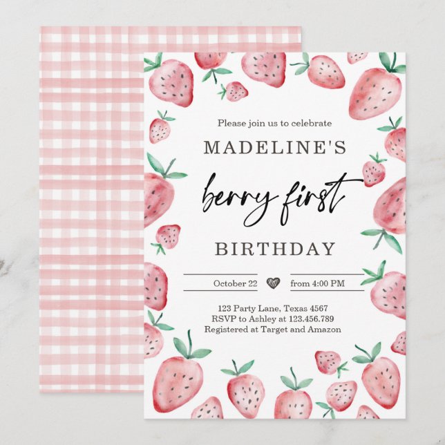 Convite Primeiro aniversario De Morango Convidar Primeiro  (Frente/Verso)