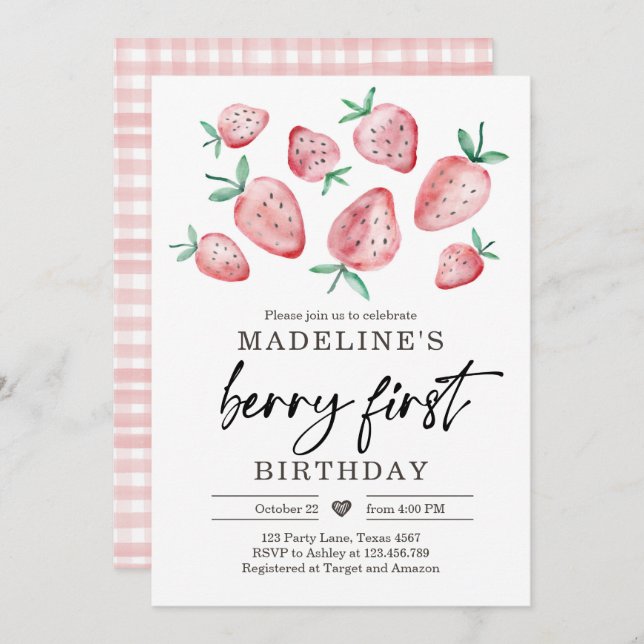 Convite Primeiro aniversario De Morango Convidar Primeiro  (Frente/Verso)