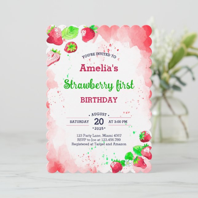 Convite Primeiro aniversario de morango de aquarela doce v (Em pé/Frente)