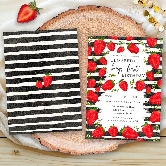 Convite Primeiro aniversario de Morango Preto Moderno (Criador carregado)