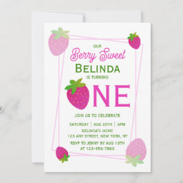 Convite Primeiro aniversario de morango rosa brilhante Y2K