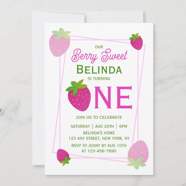 Convite Primeiro aniversario de morango rosa brilhante Y2K (Frente)