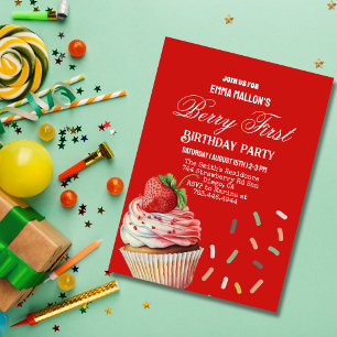 Convite Primeiro aniversario de Morango Vermelho Berry Pri