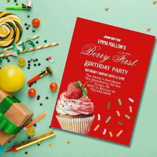 Convite Primeiro aniversario de Morango Vermelho Berry Pri