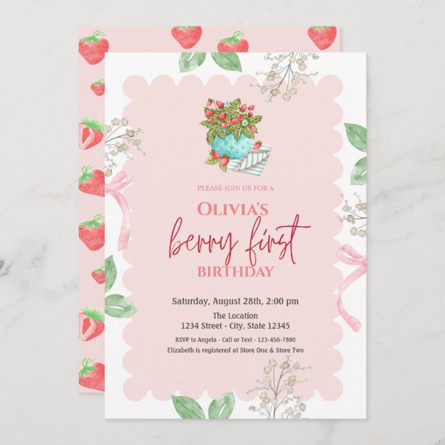 Convite Primeiro aniversario de Morangos em Cesta Aquática (Frente/Verso)