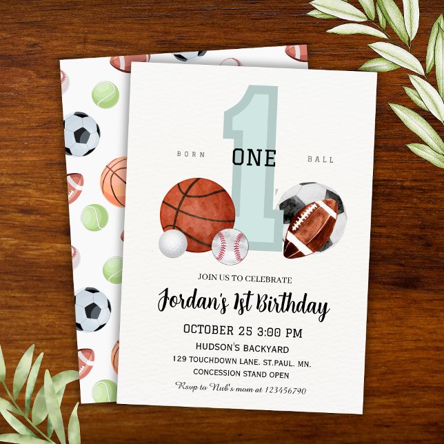 Convite Primeiro aniversario de "Nascer a esfera" do espor (Watercolor Sports "Born to Ball" 1st Birthday Invitation
)