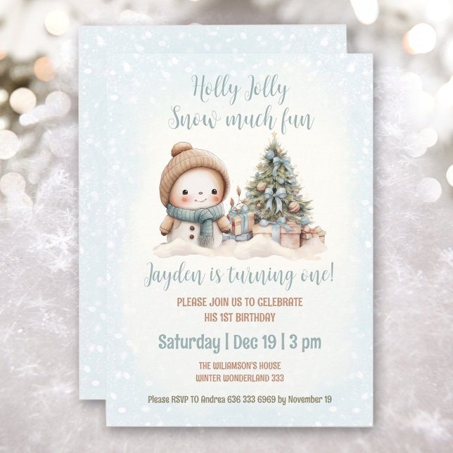 Convite Primeiro aniversario de Natal Blue Vintage Snowman (Blue Vintage Snowman Boy Christmas 1st Birthday Invitation)