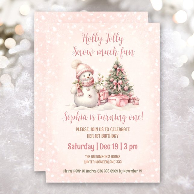 Convite Primeiro aniversario de Natal da Garota de Neve Ro (Pink Vintage Snowman Girl Christmas 1st Birthday Invitation)
