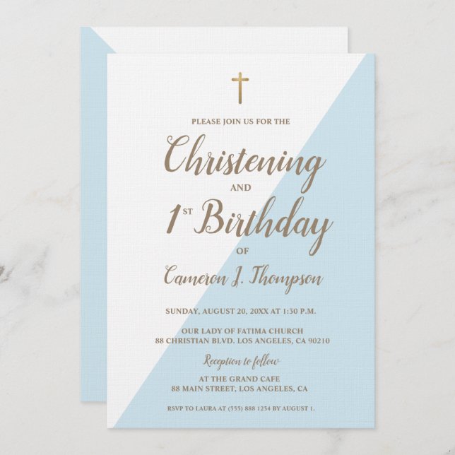 Convite Primeiro aniversario de Natal Dourado azul combina (Frente/Verso)