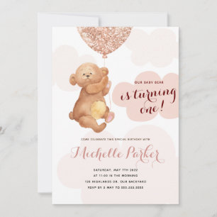 Convite Primeiro aniversario de Nuvens Rosa-Rosa-Urso-Tedd