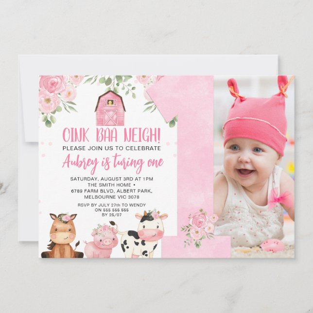 Convite Primeiro aniversario de Oink Baa Neigh Girls (Frente)