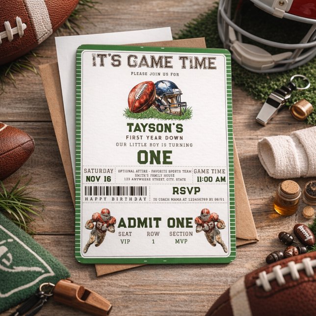 Convite Primeiro aniversario de outono do primeiro ano de  (American Football First Year Down 1st Birthday Invitation)