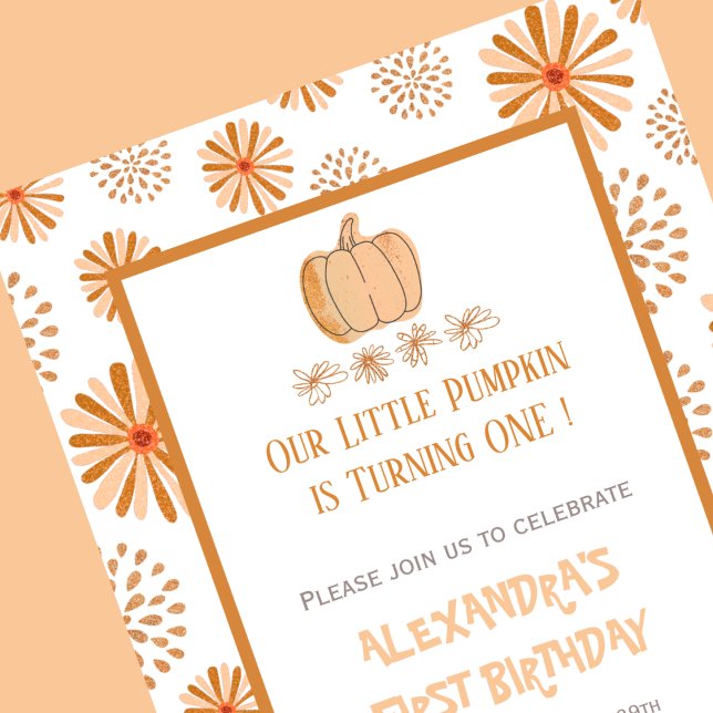 Convite Primeiro aniversario de outono Floral de Abomináve (Halloween-1st-birthday-Invitation-Pumpkin-Floral-Autumn Fall-orange-1)