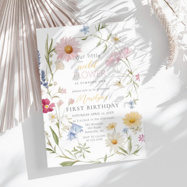 Convite Primeiro aniversario de Pastel Little Wildflower (Criador carregado)