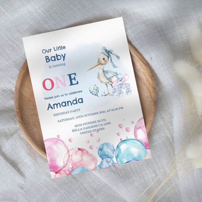 Convite Primeiro aniversario de Pastel Stork & Balloons (Criador carregado)