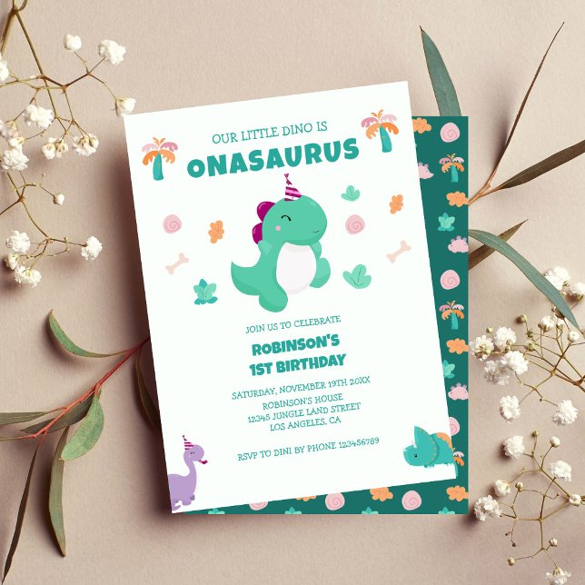 Convite Primeiro aniversario de pequeno dinossauro Onasaur (Criador carregado)