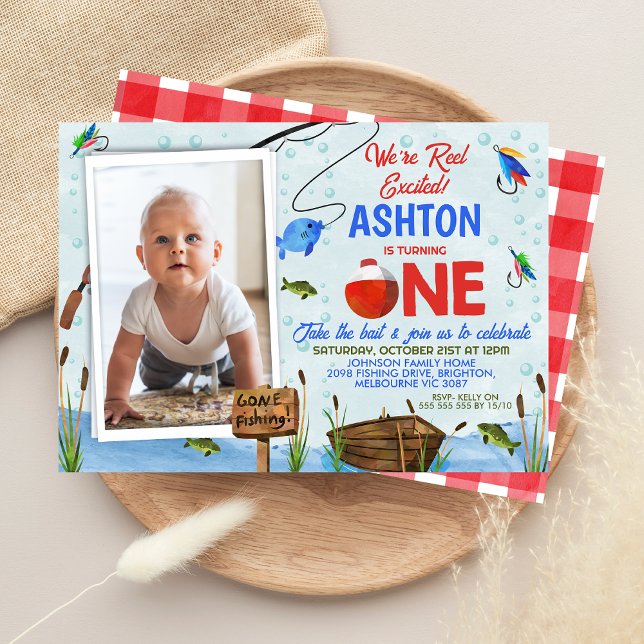 Convite Primeiro aniversario De Pesca Animado De Azul Verm (Boys Fishing 1st Birthday Invitation Ofishally One Reel Excited Big One, Fishing Themed 1st Birthday)