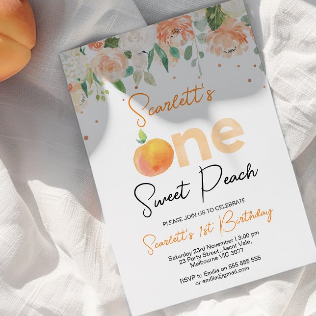 Convite Primeiro aniversario De Pêssego Floral Suave Color (Girls Our Sweet Peach 1st Birthday Invitations, One Little Peach invite, Girls Peach Party Invite)