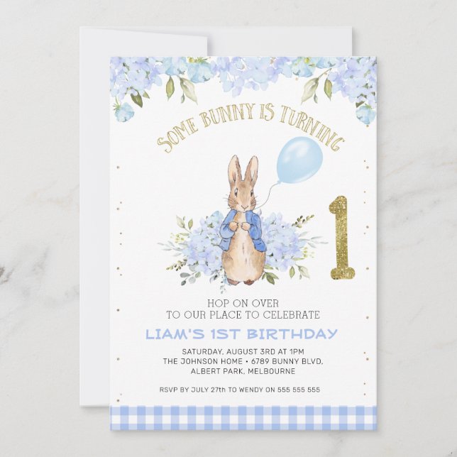 Convite Primeiro aniversario de Peter Rabbit Floral Azul C (Frente)