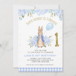 Convite Primeiro aniversario de Peter Rabbit Floral Azul C
