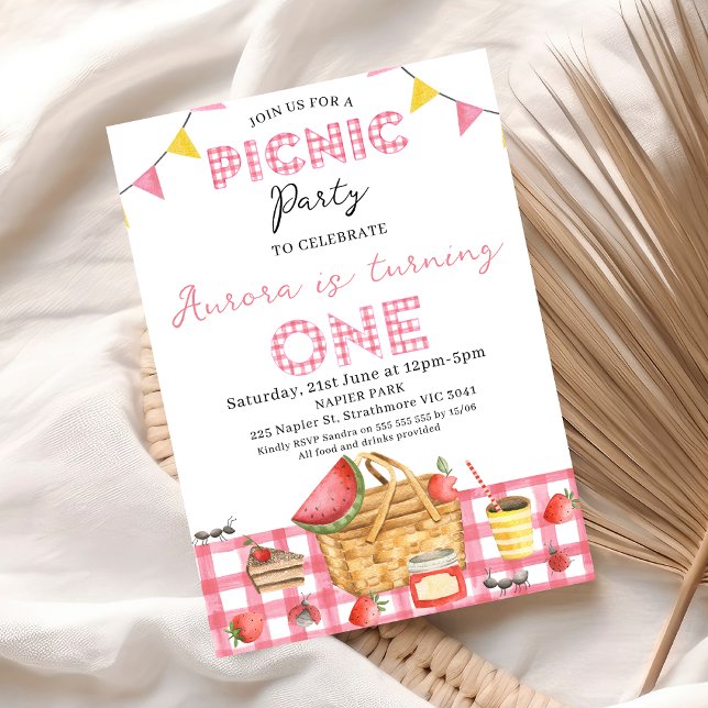 Convite Primeiro aniversario de Picnic Gingham Belga, Cor- (Girls Picnic Party 1st Birthday Invitation Template, Pink Gingham Picnic 1st Birthday Invitation
)