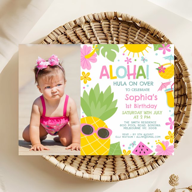 Convite Primeiro aniversario de Pineapple Aloha, cor-de-ro (Aloha Birthday Invitation Template For Girl, Pineapple Birthday Invitation, Hawaiian Theme Party)